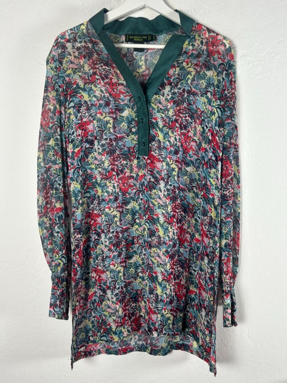 Shanghai Tang Womens Floral Silk Tunic Top US 12 Multicolor Long Sleeve Pullover